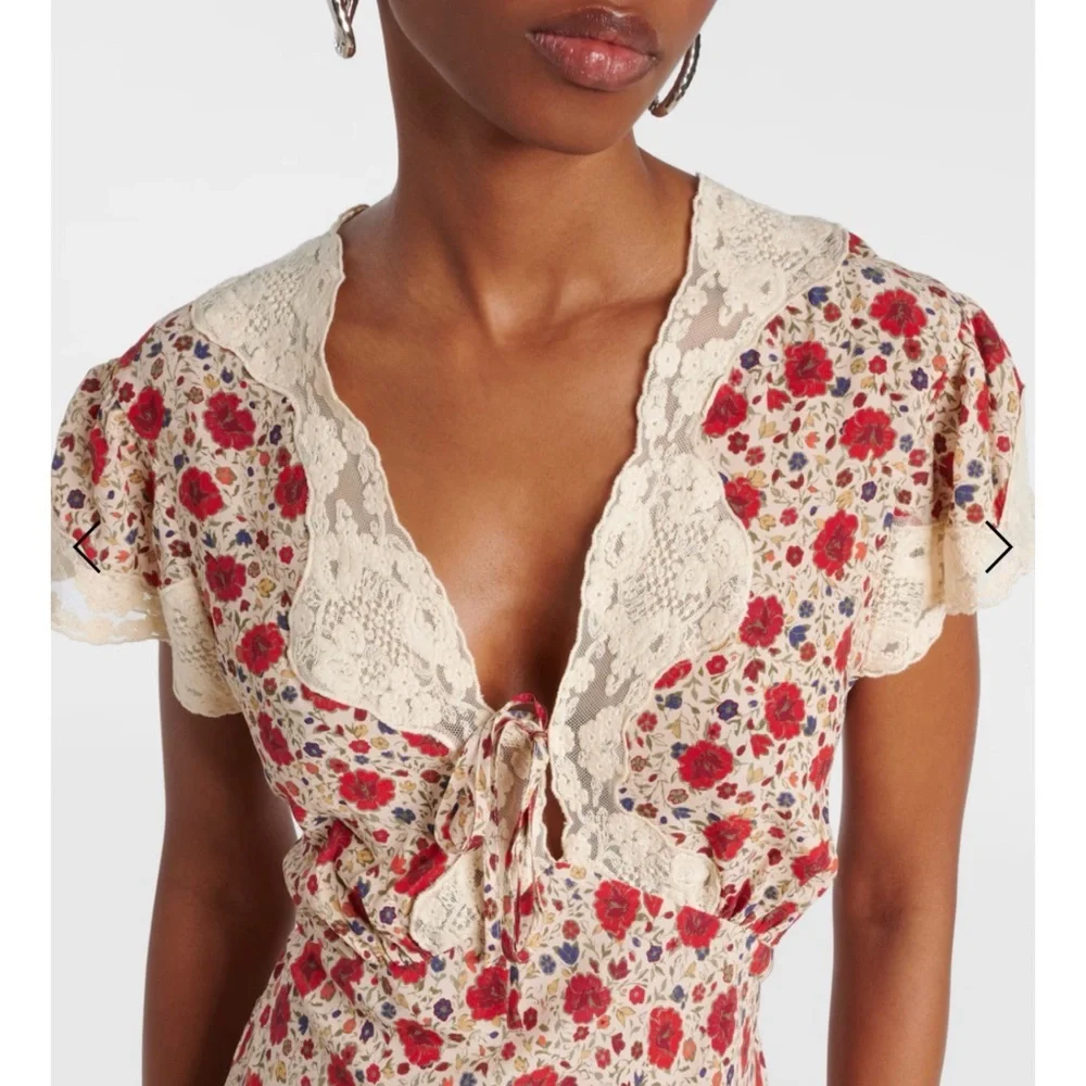 RIXO lace trimmed Floral Red and Cream miniDress NEW - Picture 5 of 15